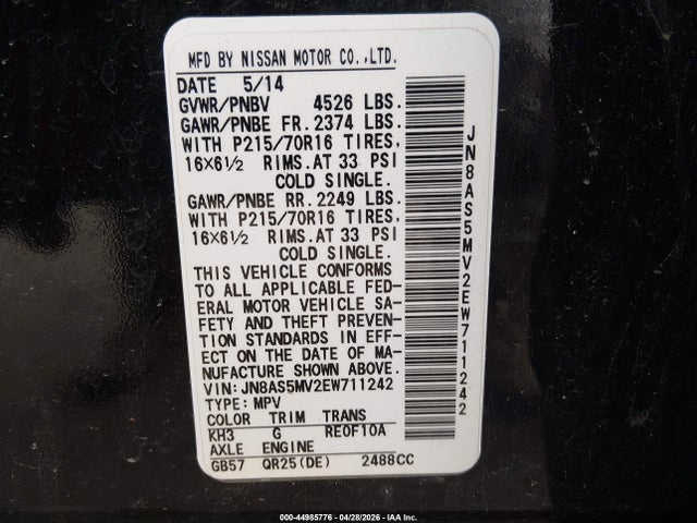 Aukcja sprzedaży 2014 Nissan Rogue Select S, vin: JN8AS5MV2EW711242, numer aukcji: 44985776