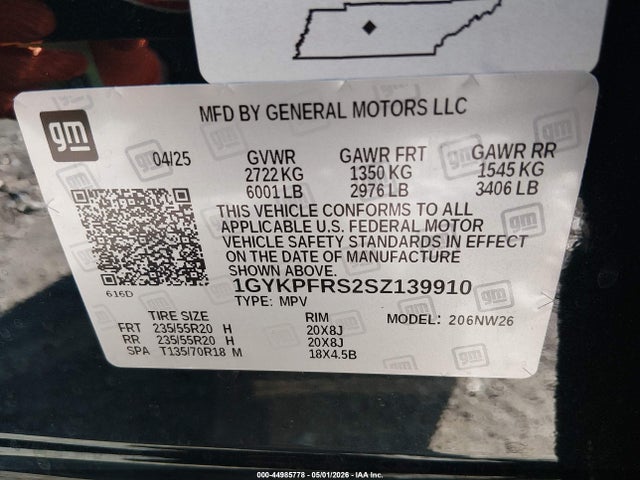 1GYKPFRS2SZ139910 Cadillac Xt6 Awd Premium Luxury