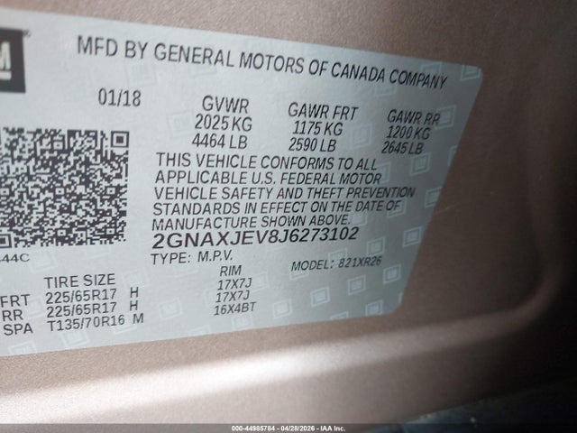 Aukcja sprzedaży 2018 Chevrolet Equinox Lt, vin: 2GNAXJEV8J6273102, numer aukcji: 44985784