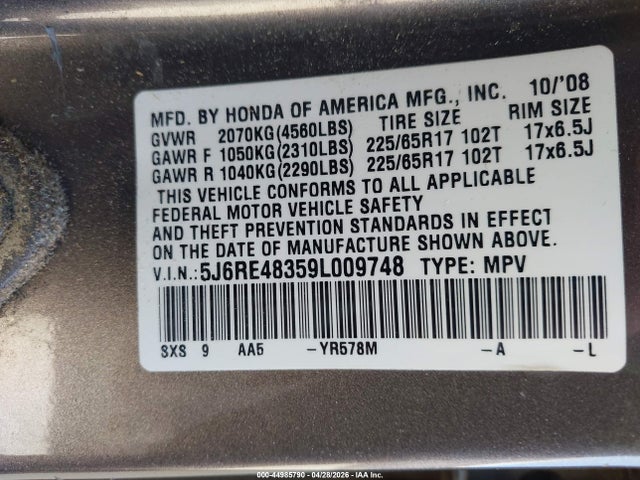 2009 Honda Cr-v Lx მანქანა იყიდება აუქციონზე, vin: 5J6RE48359L009748, აუქციონის ნომერი: 44985790