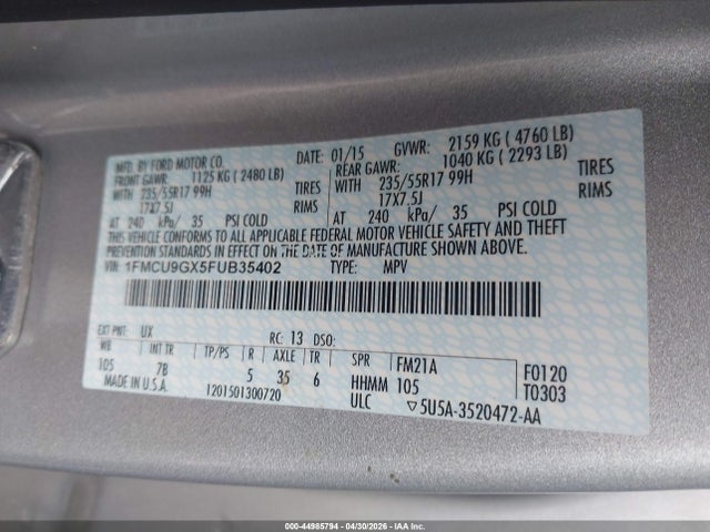 Продаж на аукціоні авто 2015 Ford Escape Se, vin: 1FMCU9GX5FUB35402, номер лоту: 44985794