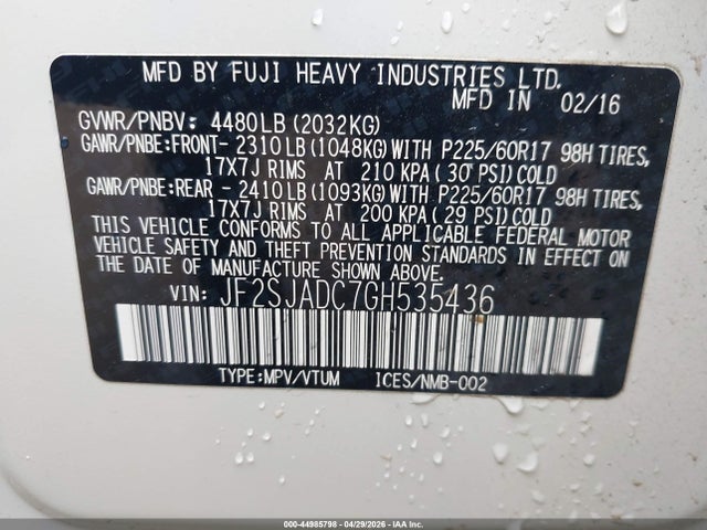 2016 Subaru Forester 2.5i Premium მანქანა იყიდება აუქციონზე, vin: JF2SJADC7GH535436, აუქციონის ნომერი: 44985798