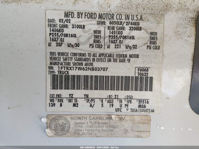 Продажа на аукционе авто 2002 Ford F-150 Lariat/xl/xlt, vin: 1FTRX17W62NB03707, номер лота: 44985825