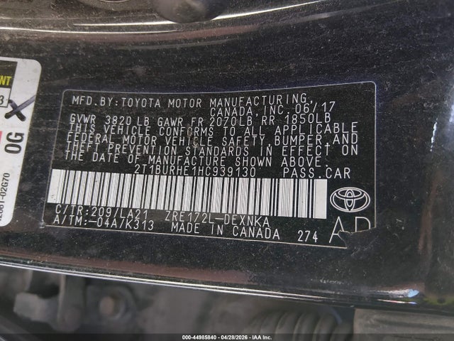 Продаж на аукціоні авто 2017 Toyota Corolla Xle, vin: 2T1BURHE1HC939130, номер лоту: 44985840