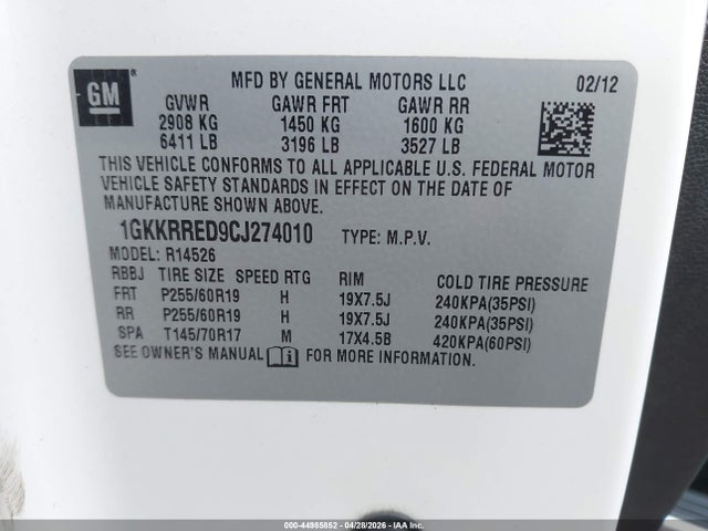 Продаж на аукціоні авто 2012 Gmc Acadia Slt-1, vin: 1GKKRRED9CJ274010, номер лоту: 44985852