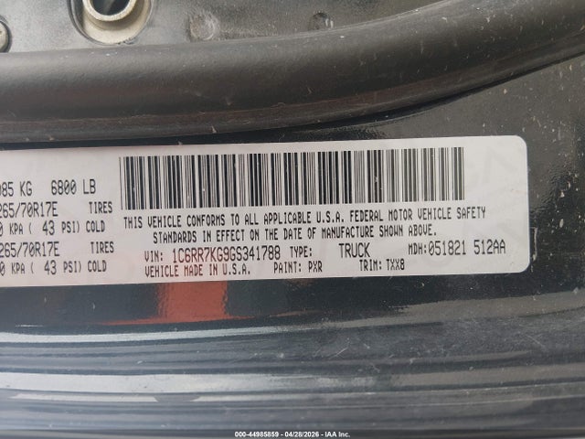 44985859 :رقم المزاد ، 1C6RR7KG9GS341788 vin ، 2016 Ram 1500 Tradesman مزاد بيع