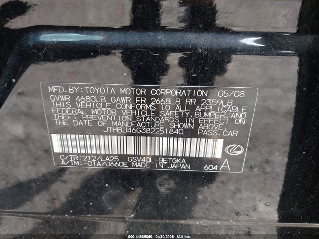 Продажа на аукционе авто 2008 Lexus Es 350, vin: JTHBJ46G382251840, номер лота: 44985860
