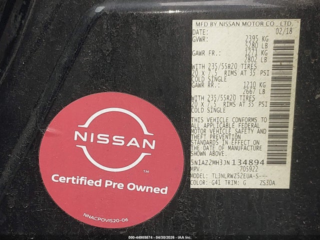 Продаж на аукціоні авто 2018 Nissan Murano Sl, vin: 5N1AZ2MH3JN134894, номер лоту: 44985874