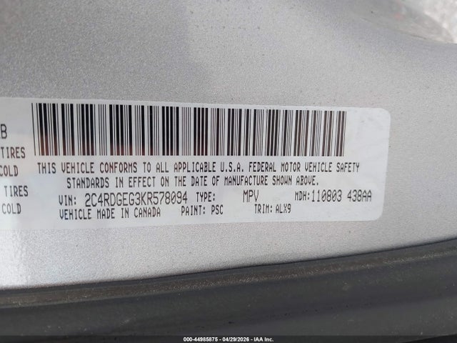 Продажа на аукционе авто 2019 Dodge Grand Caravan Gt, vin: 2C4RDGEG3KR578094, номер лота: 44985875