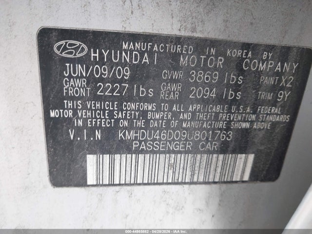 Aukcja sprzedaży 2009 Hyundai Elantra Gls, vin: KMHDU46D09U801763, numer aukcji: 44985882