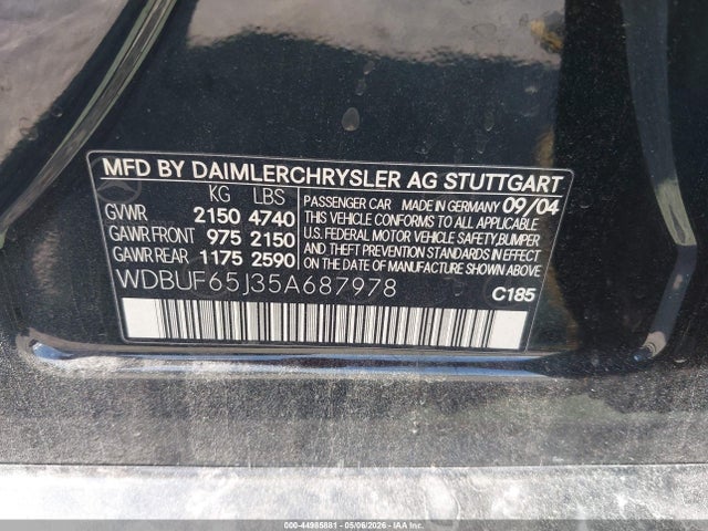 44985881 :رقم المزاد ، WDBUF65J35A687978 vin ، 2005 Mercedes-benz E 320 مزاد بيع