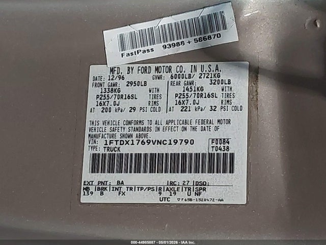 44985887 :رقم المزاد ، 1FTDX1769VNC19790 vin ، 1997 Ford F-150 Lariat/standard/xl/xlt مزاد بيع