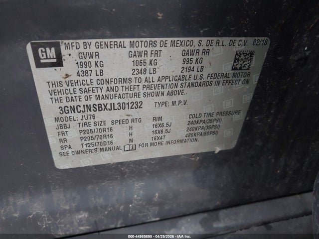 Продажа на аукционе авто 2018 Chevrolet Trax Ls, vin: 3GNCJNSBXJL301232, номер лота: 44985895