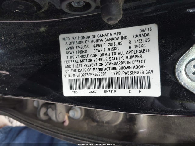 2015 Honda Civic Lx მანქანა იყიდება აუქციონზე, vin: 2HGFB2F50FH563526, აუქციონის ნომერი: 44985909