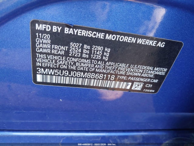 Aukcja sprzedaży 2021 Bmw 3 Series M340i Xdrive, vin: 3MW5U9J08M8B68118, numer aukcji: 44985912