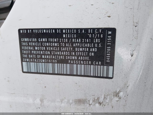 Aukcja sprzedaży 2016 Volkswagen Jetta 1.4t S, vin: 3VW267AJ2GM316169, numer aukcji: 44985914