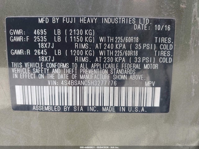 Aukcja sprzedaży 2017 Subaru Outback 2.5i Limited, vin: 4S4BSANC5H3277776, numer aukcji: 44985921