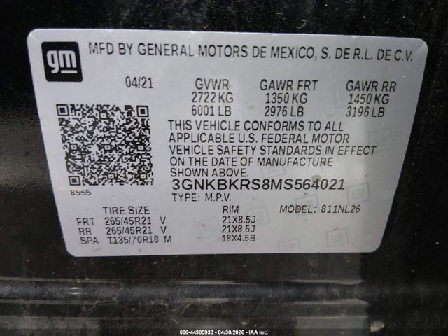 44985933 :رقم المزاد ، 3GNKBKRS8MS564021 vin ، 2021 Chevrolet Blazer Awd Rs مزاد بيع
