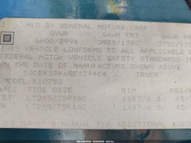 Продаж на аукціоні авто 1995 Chevrolet Gmt-400 K1500, vin: 1GCEK19K6SE124404, номер лоту: 44985950