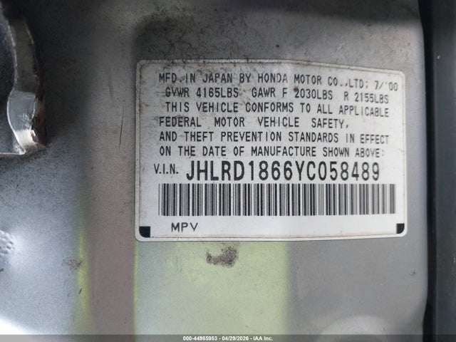 Aukcja sprzedaży 2000 Honda Cr-v Ex, vin: JHLRD1866YC058489, numer aukcji: 44985953
