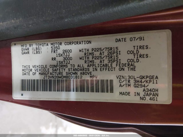 Aukcja sprzedaży 1991 Toyota 4runner Vn39 Sr5, vin: JT3VN39W0M8031812, numer aukcji: 44985955