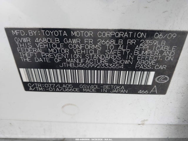 Продаж на аукціоні авто 2009 Lexus Es 350, vin: JTHBJ46G992333654, номер лоту: 44985956