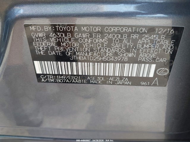 Aukcja sprzedaży 2017 Lexus Is 200t, vin: JTHBA1D25H5043978, numer aukcji: 44985957