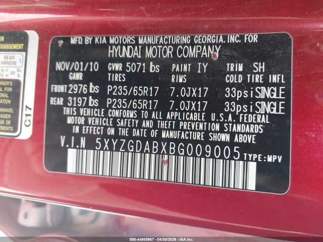 Продажа на аукционе авто 2011 Hyundai Santa Fe Gls, vin: 5XYZGDABXBG009005, номер лота: 44985967