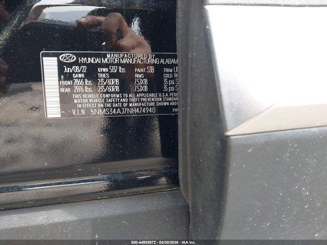 Aukcja sprzedaży 2022 Hyundai Santa Fe Sel, vin: 5NMS34AJ7NH474940, numer aukcji: 44985972