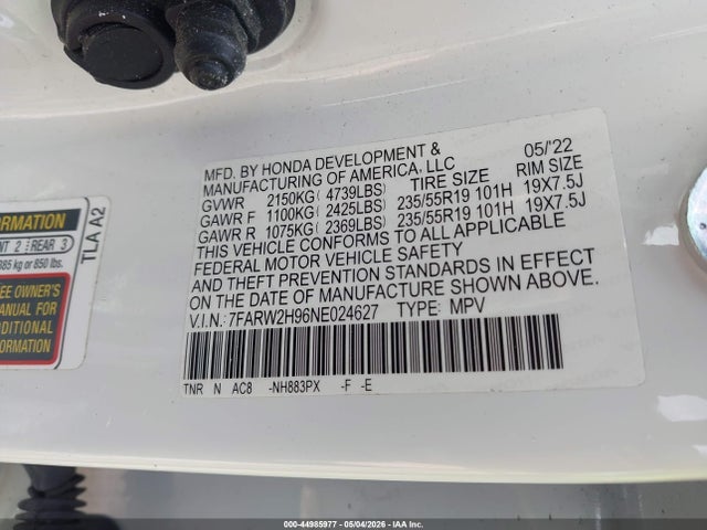 44985977 :رقم المزاد ، 7FARW2H96NE024627 vin ، 2022 Honda Cr-v Awd Touring مزاد بيع