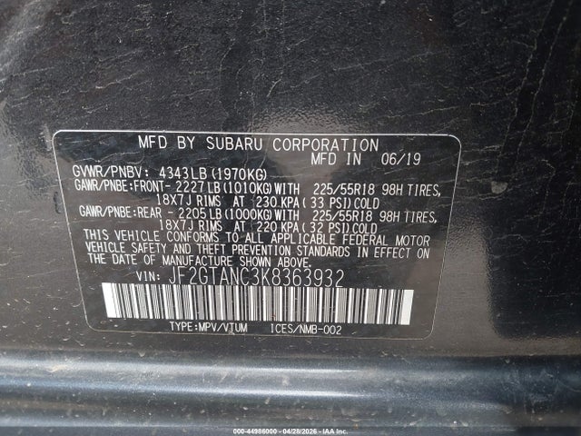 44986000 :رقم المزاد ، JF2GTANC3K8363932 vin ، 2019 Subaru Crosstrek 2.0i Limited مزاد بيع
