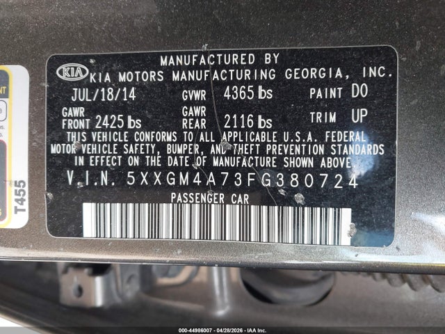 2015 Kia Optima Lx მანქანა იყიდება აუქციონზე, vin: 5XXGM4A73FG380724, აუქციონის ნომერი: 44986007