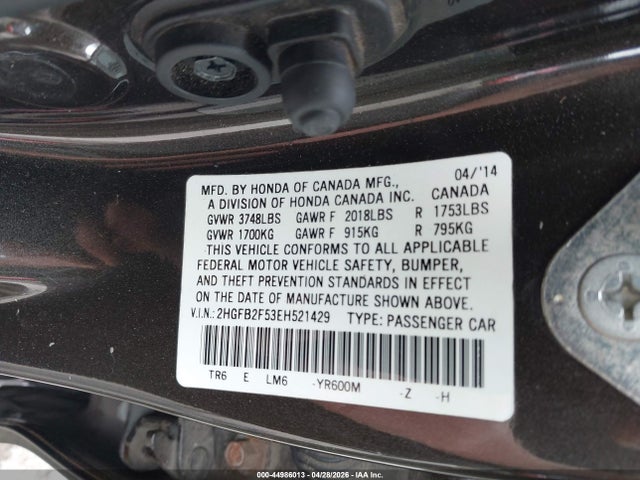 2014 Honda Civic Lx მანქანა იყიდება აუქციონზე, vin: 2HGFB2F53EH521429, აუქციონის ნომერი: 44986013
