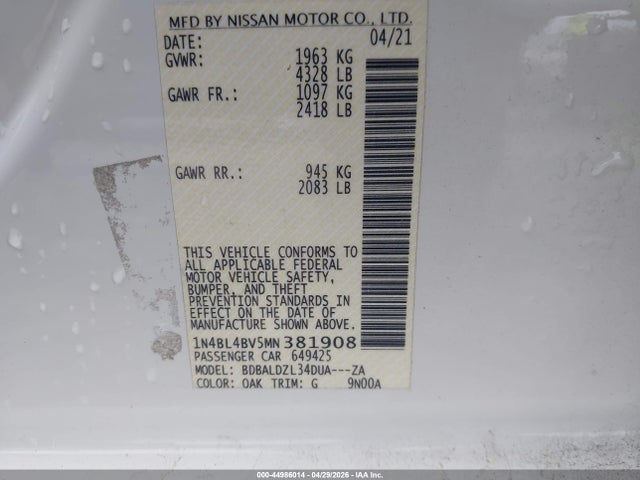 Aukcja sprzedaży 2021 Nissan Altima S Fwd, vin: 1N4BL4BV5MN381908, numer aukcji: 44986014