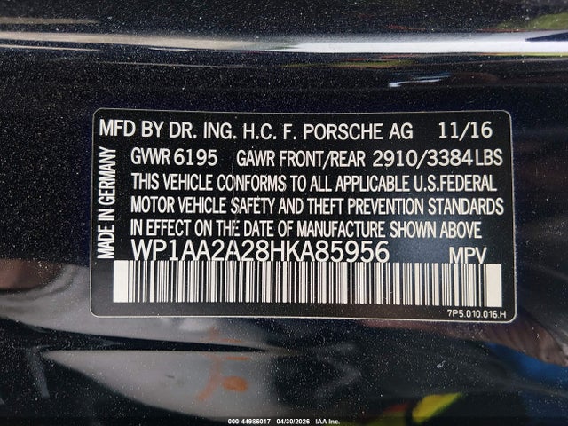 44986017 :رقم المزاد ، WP1AA2A28HKA85956 vin ، 2017 Porsche Cayenne مزاد بيع