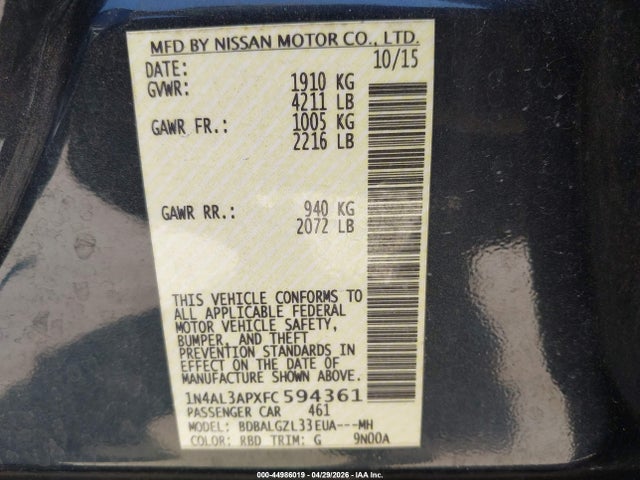 44986019 :رقم المزاد ، 1N4AL3APXFC594361 vin ، 2015 Nissan Altima 2.5 S مزاد بيع