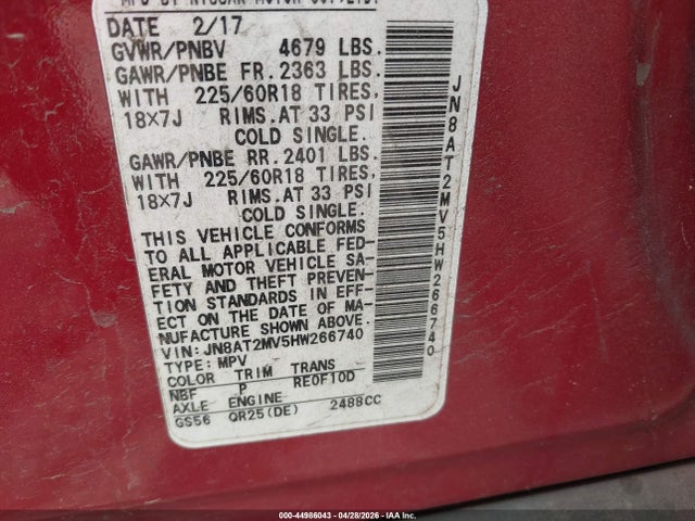 Aukcja sprzedaży 2017 Nissan Rogue Sl, vin: JN8AT2MV5HW266740, numer aukcji: 44986043