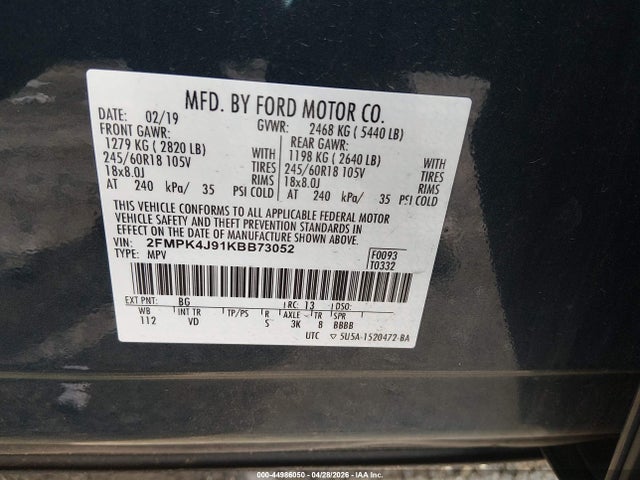 44986050 :رقم المزاد ، 2FMPK4J91KBB73052 vin ، 2019 Ford Edge Sel مزاد بيع