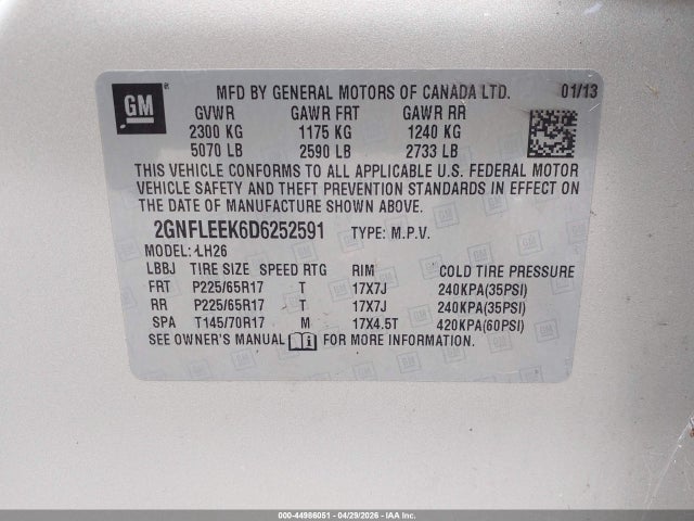 44986051 :رقم المزاد ، 2GNFLEEK6D6252591 vin ، 2013 Chevrolet Equinox 1lt مزاد بيع
