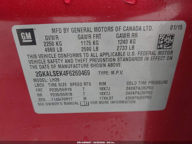 44986057 :رقم المزاد ، 2GKALSEK4F6260469 vin ، 2015 Gmc Terrain Slt-1 مزاد بيع