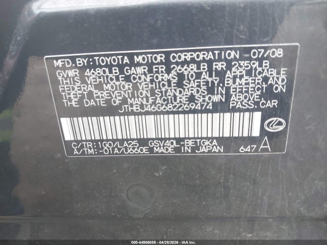 Aukcja sprzedaży 2008 Lexus Es 350, vin: JTHBJ46G682269474, numer aukcji: 44986059
