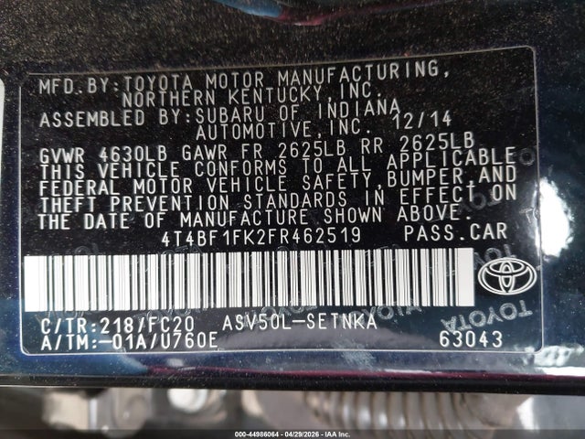 Aukcja sprzedaży 2015 Toyota Camry Le, vin: 4T4BF1FK2FR462519, numer aukcji: 44986064