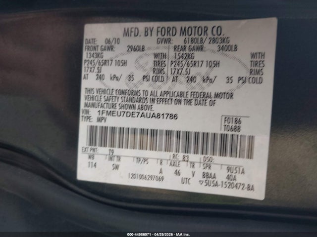 44986071 :رقم المزاد ، 1FMEU7DE7AUA81786 vin ، 2010 Ford Explorer Xlt مزاد بيع