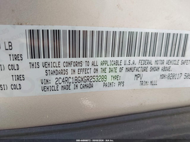 Продажа на аукционе авто 2016 Chrysler Town & Country Touring, vin: 2C4RC1BGXGR253289, номер лота: 44986072