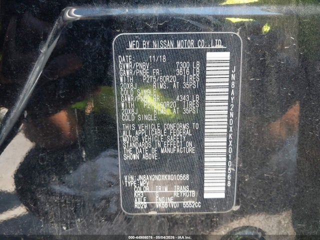 Aukcja sprzedaży 2019 Nissan Armada Sl, vin: JN8AY2NDXKX010568, numer aukcji: 44986076