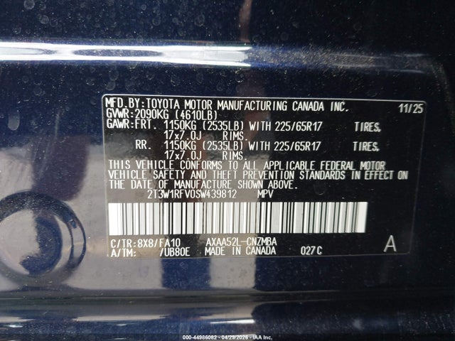 44986082 :رقم المزاد ، 2T3W1RFV0SW439812 vin ، 2025 Toyota Rav4 Xle مزاد بيع