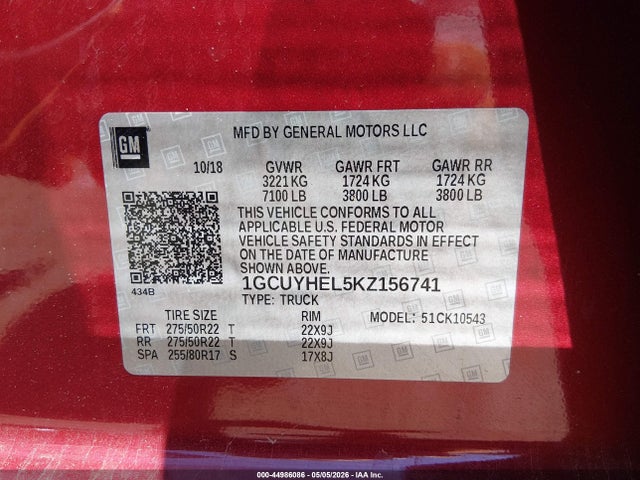 Продаж на аукціоні авто 2019 Chevrolet Silverado 1500 High Country, vin: 1GCUYHEL5KZ156741, номер лоту: 44986086