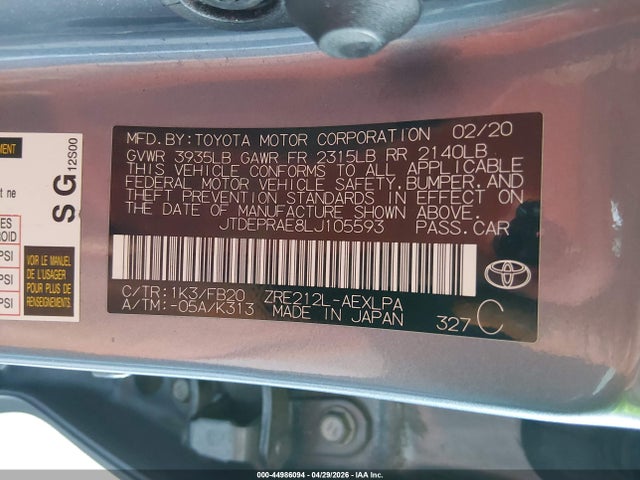 JTDEPRAE8LJ105593 Toyota COROLLA LE