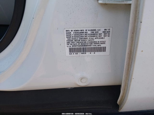 44986100 :رقم المزاد ، 5FNYF4H59DB004497 vin ، 2013 Honda Pilot Ex-l مزاد بيع