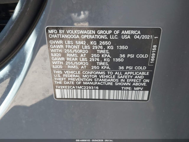 Продажа на аукционе авто 2021 Volkswagen Atlas Cross Sport 3.6l V6 Se W/technology, vin: 1V2KE2CA1MC229316, номер лота: 44986103